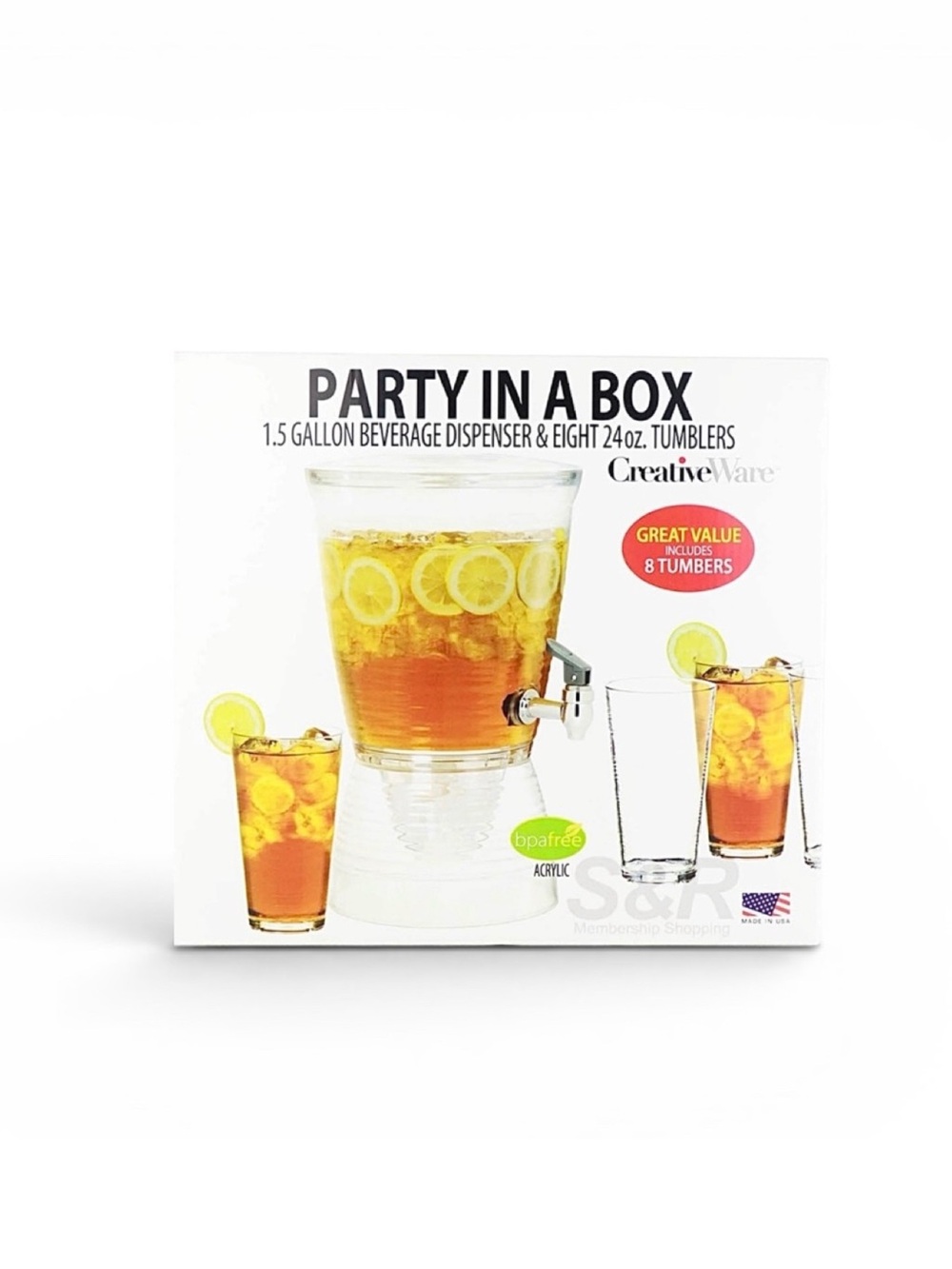 Creative Ware “Party in a Box" 1.5-gallon Beverage Dispenser & 8 24oz Tumblers